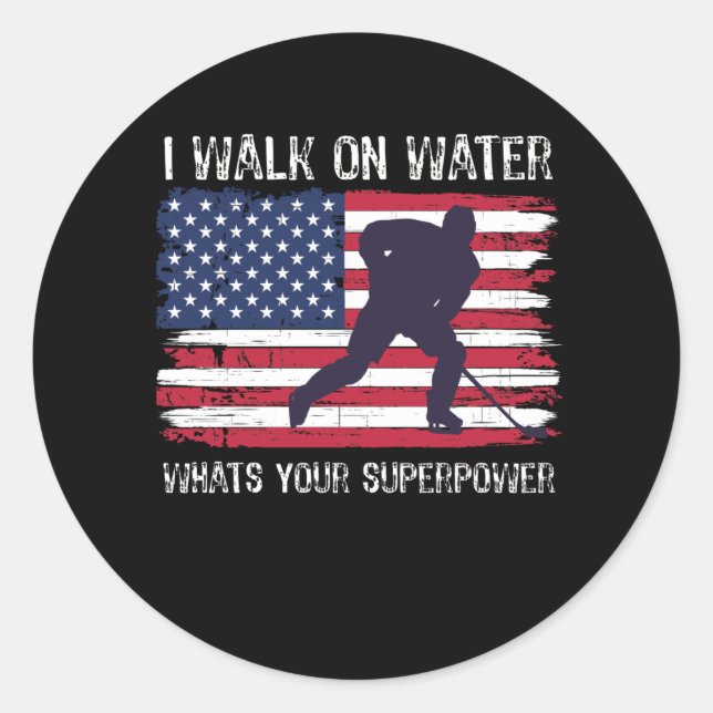 Pegatina Redonda Jugador de hockey con bandera de Estados Unidos (Anverso)