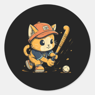 Pegatina Redonda Jugador de Hockey sobre Césped Gato En Hockey sobr