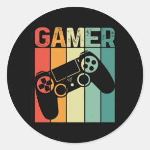 Pegatina Redonda Jugador de juegos Retro Gamer Gaming Addict Boy Ch