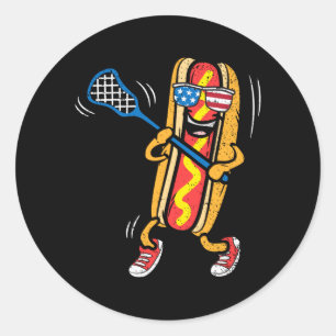 Pegatina Redonda Jugador de Lacrosse con Hot-Dog 4 de Julio Deporte