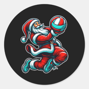 Pegatina Redonda Jugador de Navidades divertidos del voleibol Santa
