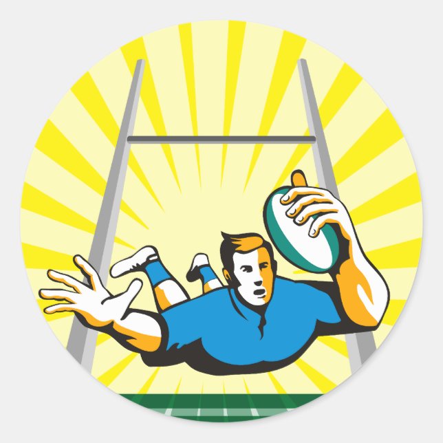 Pegatina Redonda jugador de rugby sumergiéndose en un intento (Anverso)