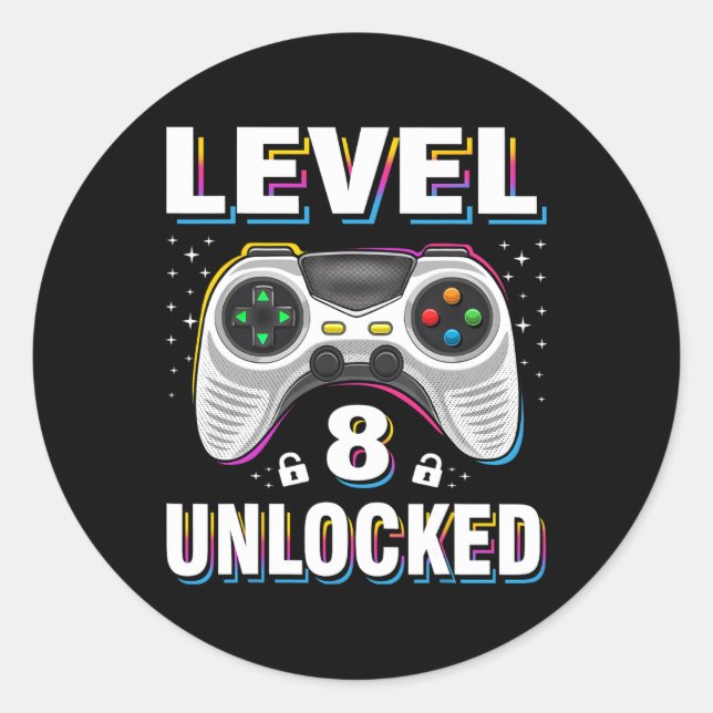 Pegatina Redonda Jugador de video desbloqueado de nivel 8 de cumple (Anverso)