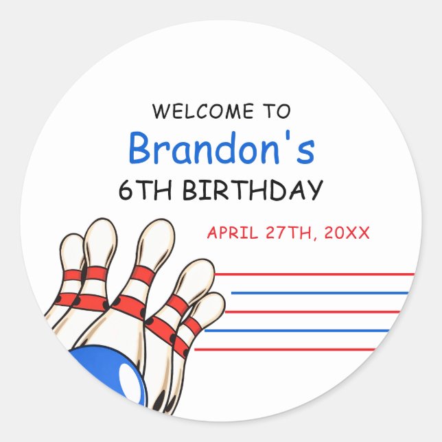 Pegatina Redonda Jugador Red & Blue Bowling Tema 6 cumpleaños (Anverso)