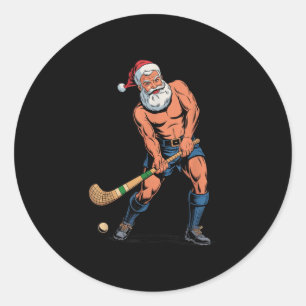 Pegatina Redonda Jugador retro de hockey sobre césped con santa div