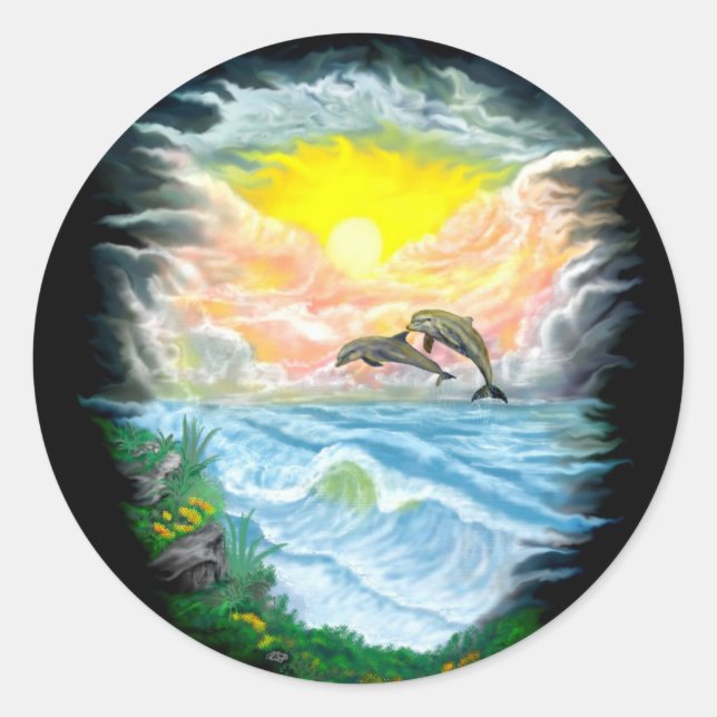 Pegatina Redonda Jugando a los delfines al sol (Anverso)