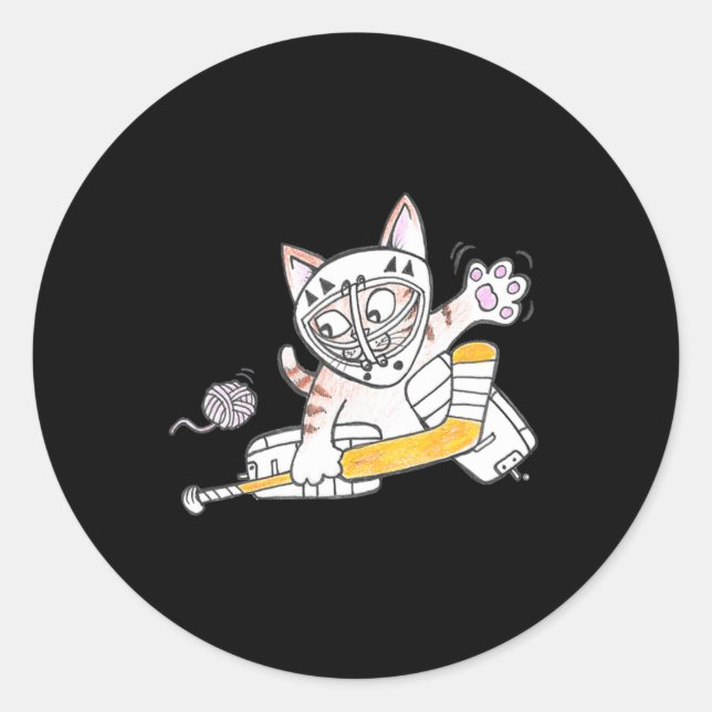 Pegatina Redonda Jugando Hockey de Gato Cute GOALIE Kitten (Anverso)