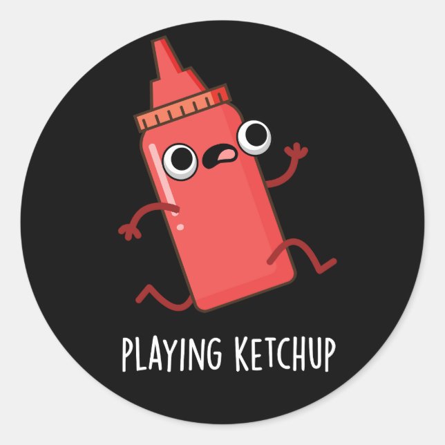 Pegatina Redonda Jugando Ketchup Graciosa Salsa Pun Oscuro BG (Anverso)