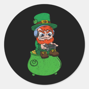 Pegatina Redonda Jugando videojuego St Patrick's Day Gamer