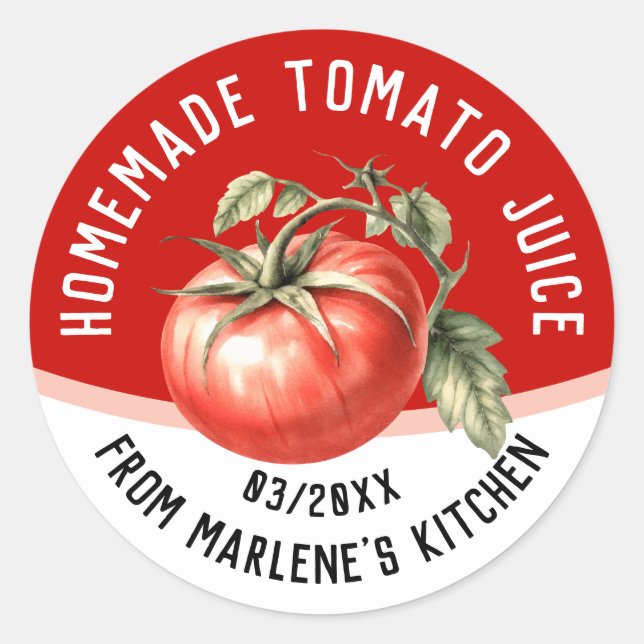 Pegatina Redonda Jugo de tomate casero editable con tomate rojo (Anverso)