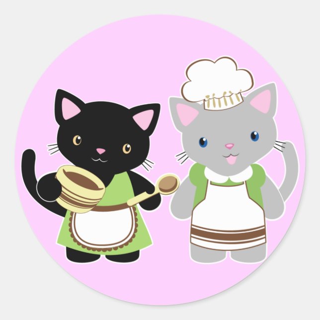 Pegatina Redonda Juguetes de cocina Yoyo y Suki Neko (Anverso)