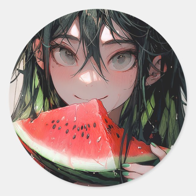 Pegatina Redonda Juicy Summer Watermelon Anime Chica (Anverso)