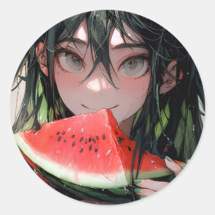 Pegatina Redonda Juicy Summer Watermelon Anime Chica
