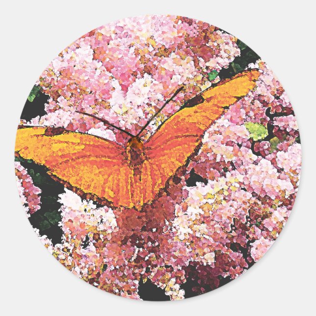 Pegatina Redonda Julia Butterfly sobre las flores rosadas (Anverso)