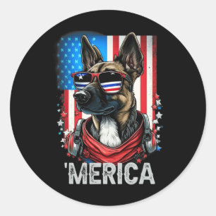 Pegatina Redonda Julio Patriótico Belga Malinois Dog Merica