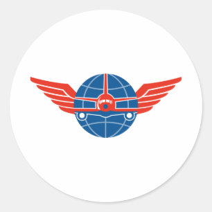 Pegatina Redonda Jumbo Jet Plane Front Wings Globe