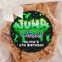 Pegatina Redonda Jump Neon Trampoline Birthday Gracias