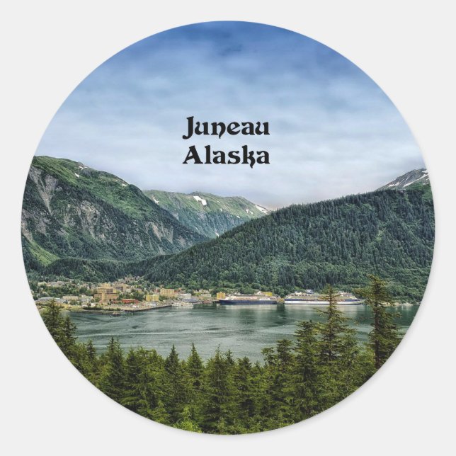 Pegatina Redonda Juneau, Alaska (Anverso)