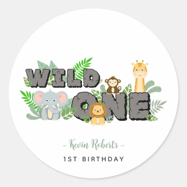Pegatina Redonda Jungle Animal Wild One Party Stickers (Anverso)