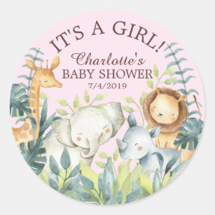 Pegatina Redonda Jungle Animales Chicas Baby Shower Gracias A Favor