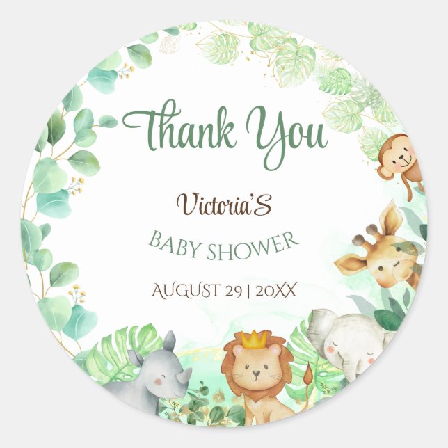 Pegatina Redonda Jungle Animals Gold Botanica Baby Shower (Anverso)