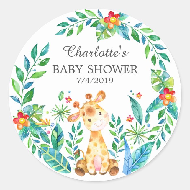 Pegatina Redonda Jungle Giraffe Baby Shower Gracias Por Favor Pegat (Anverso)