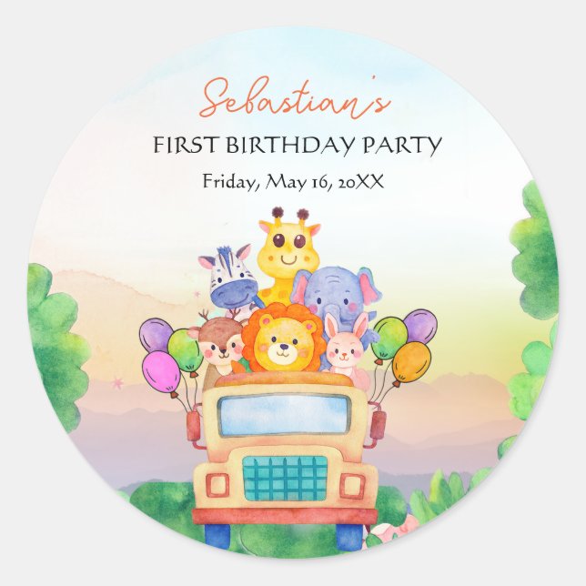 Pegatina Redonda Jungle Safari Ride Theme 1st Birthday (Anverso)