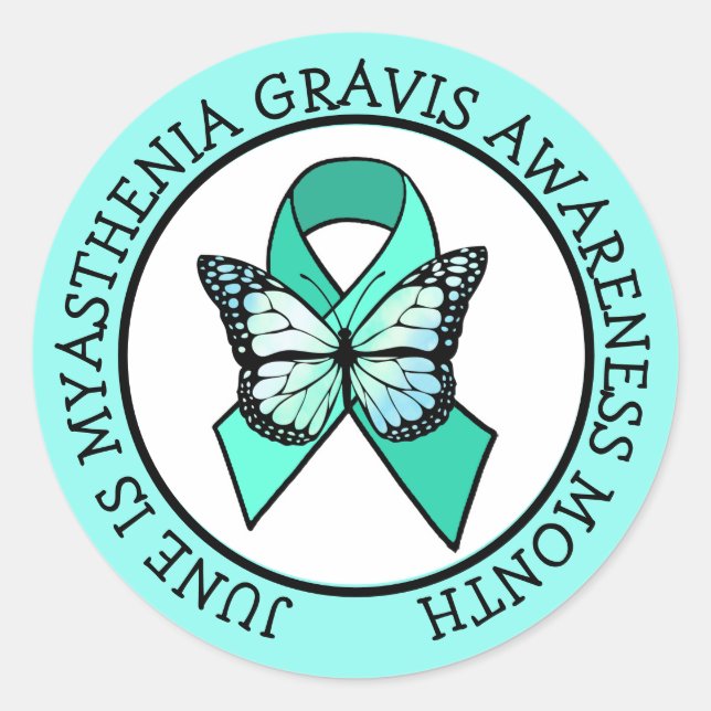Pegatina Redonda Junio es botón Miastenia Gravis Awareness Mes (Anverso)