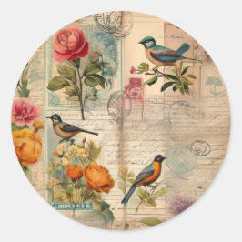 Pegatina Redonda Junk Journal Seite mit Blumen + Vögel - 