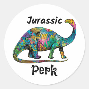 Pegatina Redonda Jurassic Perk Dinosaur Colorido Blanco