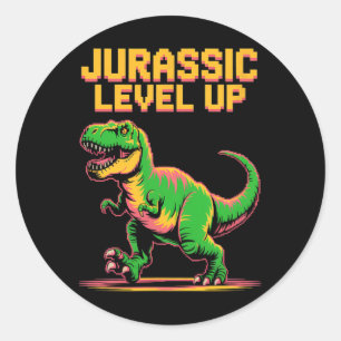 Pegatina Redonda Juric Level Up Pixel Dinosaur Cumpleaños Jugador 