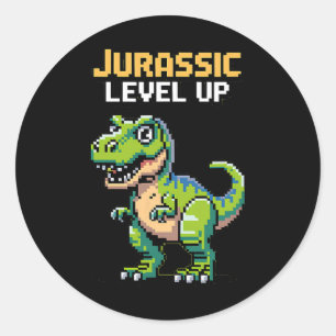 Pegatina Redonda Juric Level Up Pixel Dinosaur Retro Gamer 