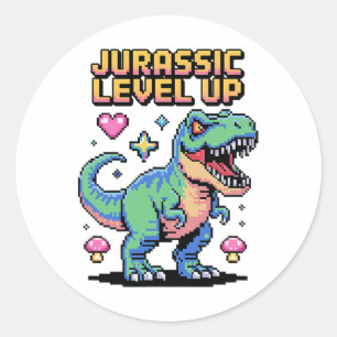 Pegatina Redonda Juric Level Up Pixel Dinosaur Retro Gamer 1 
