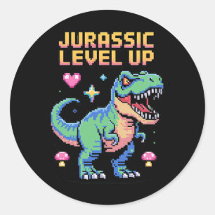 Pegatina Redonda Juric Level Up Pixel Dinosaur Retro Gamer 1 
