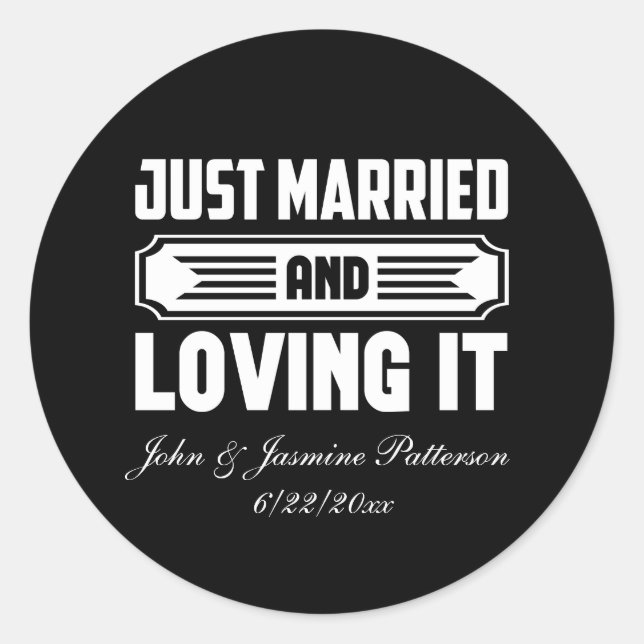 Pegatina Redonda Just Married add names Date Wedding  (Anverso)