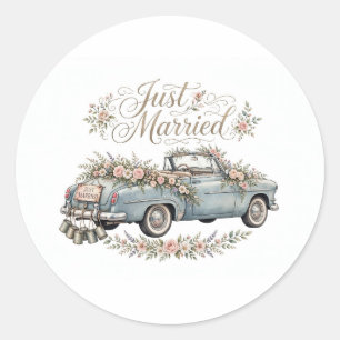 Pegatina Redonda Just Married Vintage Car Sticker