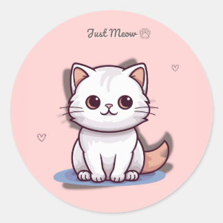 Pegatina Redonda Just Meow Cute White Kitten Sticker | Pink Pastel 