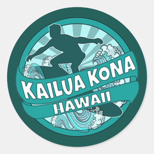 Pegatina Redonda Kailua Kona Hawaii pegatinas del logo del surfista (Anverso)