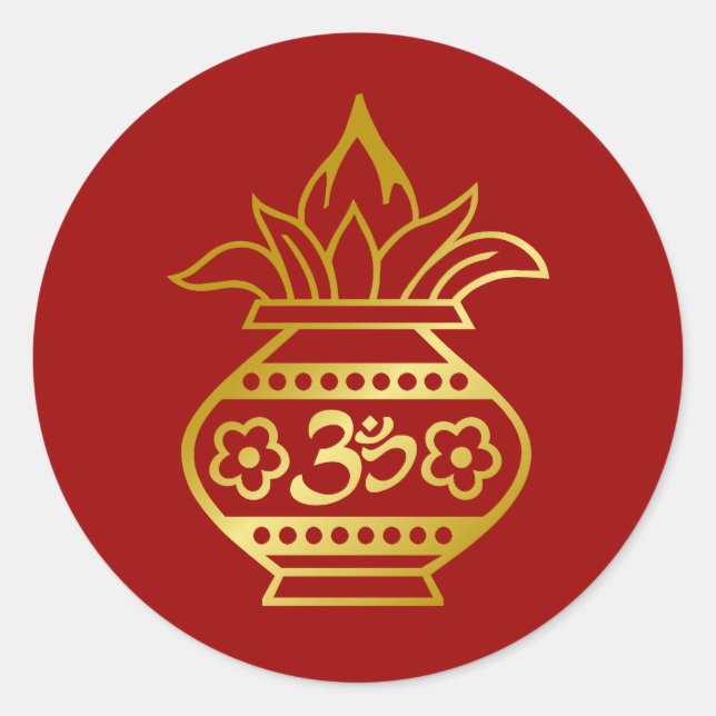 Pegatina Redonda Kalash indio con Rótulo Om (Anverso)