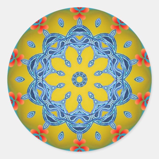 Pegatina Redonda Kaleidoscopio azul y amarillo (Anverso)