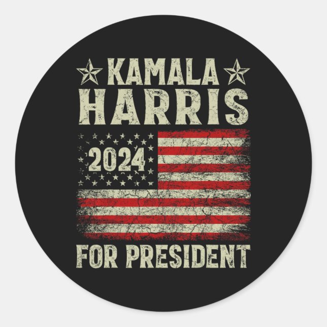 Pegatina Redonda Kamala Harris 2024 por campaña electoral presidenc (Anverso)