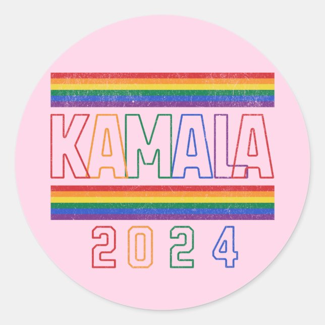 Pegatina Redonda Kamala Harris 2024 Rainbow LGBTQ Retro (Anverso)