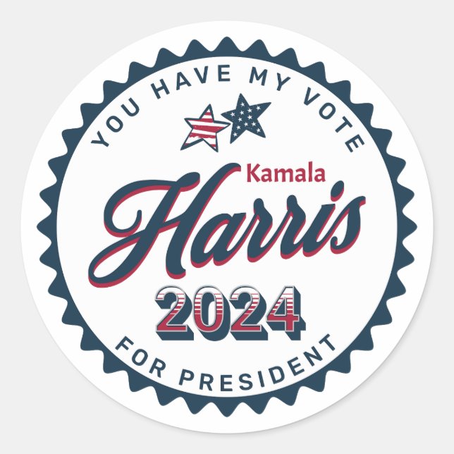 Pegatina Redonda Kamala Harris 2024 | Tiene mi voto (Anverso)