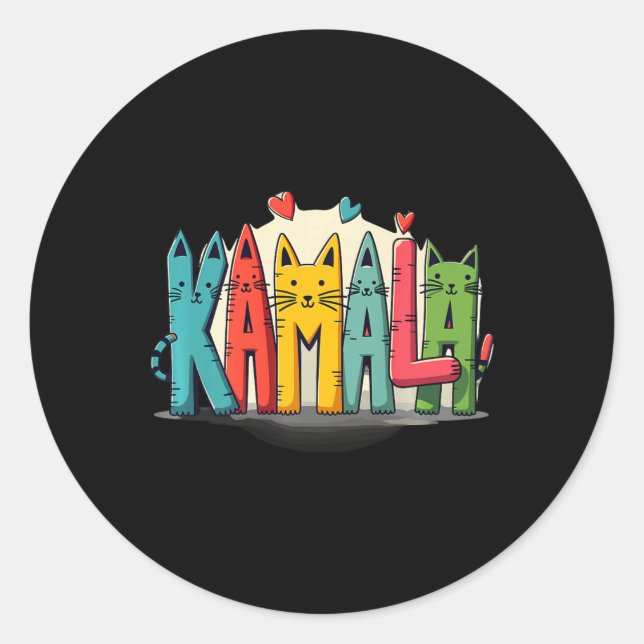 Pegatina Redonda Kamala Harris Colorful Cat Lettering Funny Preside (Anverso)