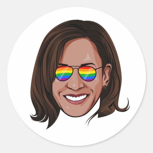 Pegatina Redonda Kamala Harris - Head with Aviators Rainbow (Anverso)