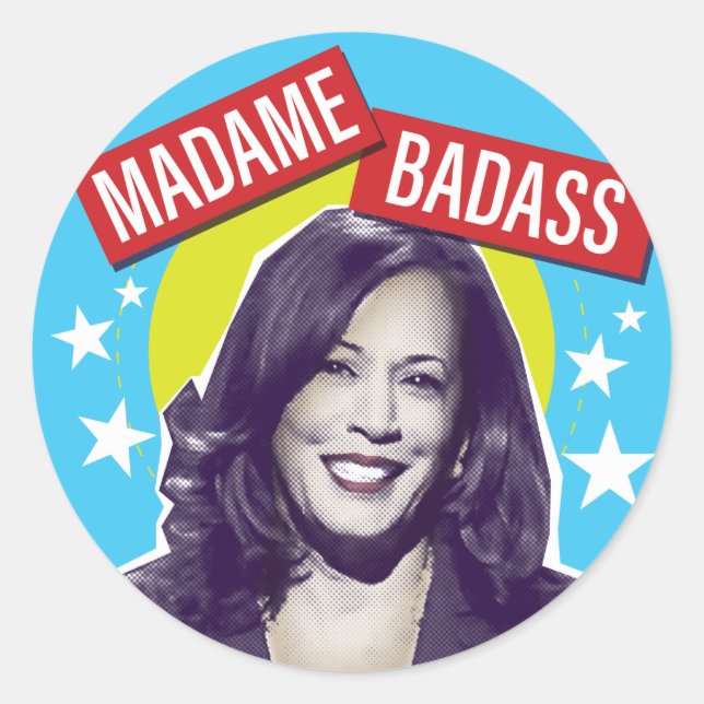 Pegatina Redonda Kamala Harris/Madame Badass (Anverso)