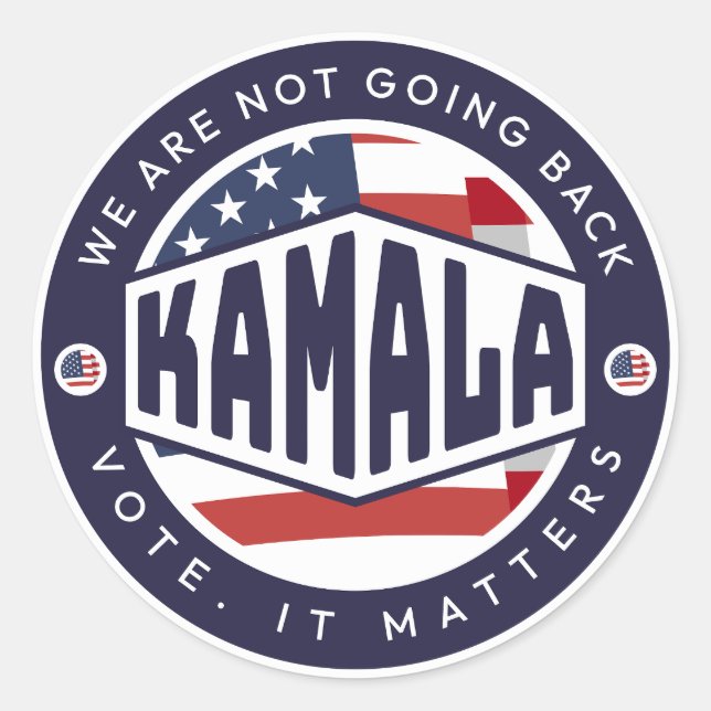 Pegatina Redonda Kamala Harris: No vamos a regresar (Anverso)