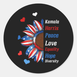Pegatina Redonda Kamala Harris Peace Love Equality Hope Diversidad 