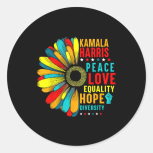 Pegatina Redonda Kamala Harris Peace Love Equality Hope Diversity