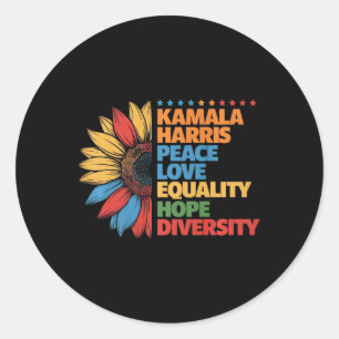 Pegatina Redonda Kamala Harris Peace Love Equality Hope Diversity P